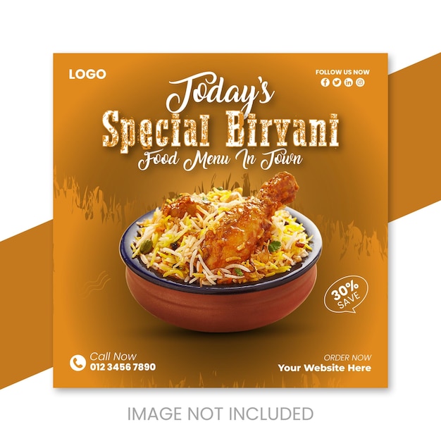 Vettore vettore speciale biryani o social media banner post modello e menu di cibo pubblicità online