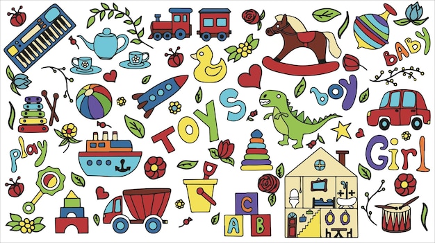 Vector speelgoed doodle stickers set hand loting collectie speelgoed iconen voor baby shower of plakboek schattig...