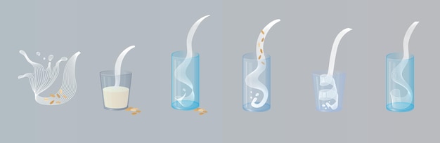 Вектор полбы с орехами. веганский альтернативный всплеск органического молока наливает стеклянную иллюстрацию