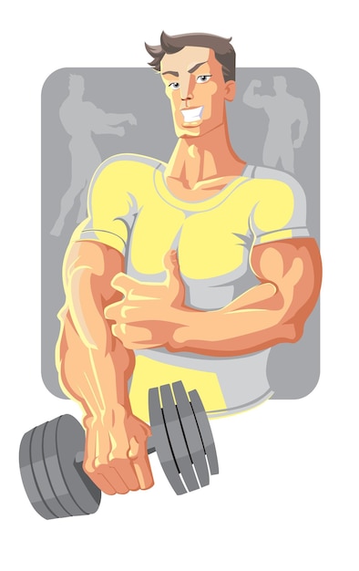 Vector sportman in geel met dumbell