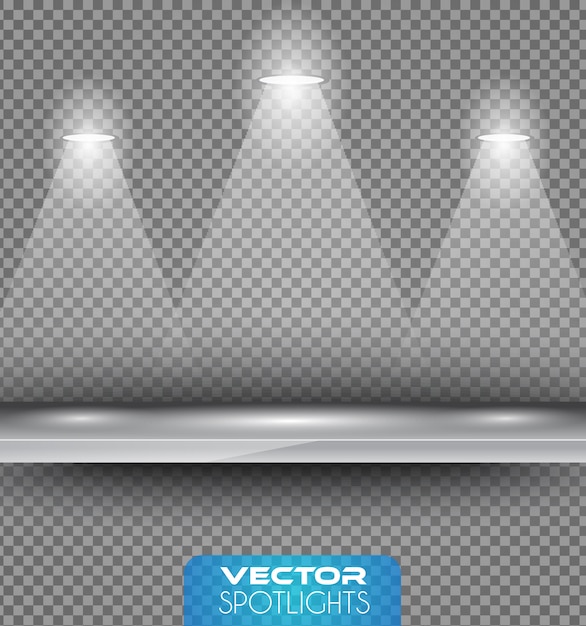 Vector spotlights scene with different source of lights pointing to the floor or shelf.