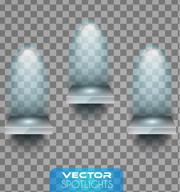 Vector spotlights scene with different source of lights pointing to the floor or shelf