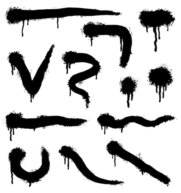 Vector vector spray paint shapes in black. graffiti stencil template or paint streaks. abstract lines and drips. splashes for your design on white background