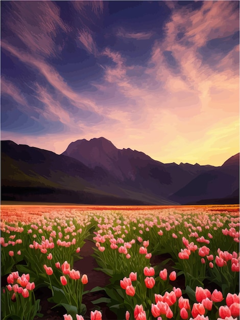 Vector spring background dutch landscape with tulip field mountains and sky with clouds flower