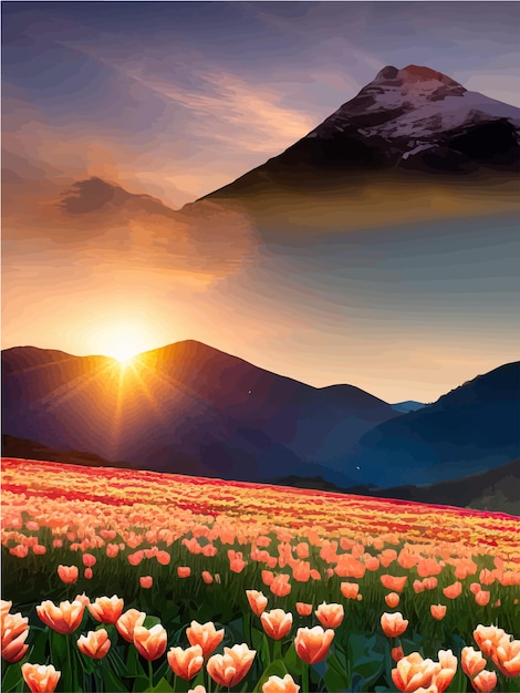 Vector spring background dutch landscape with tulip field mountains and sky with clouds flower