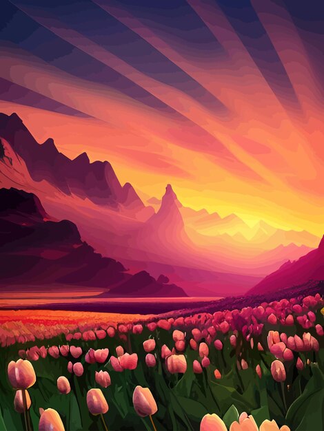 Vector vector spring background dutch landscape with tulip field trees hills mountains floral vertical