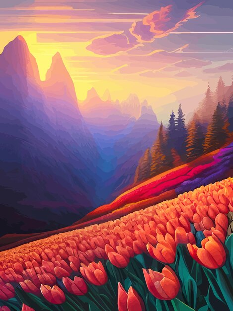 Vector vector spring background dutch landscape with tulip field trees hills mountains floral vertical