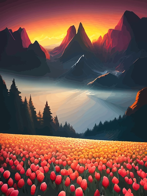 Вектор Векторный весенний фон голландский пейзаж с полевыми деревьями тюльпанов холмы горы цветочные вертикали
