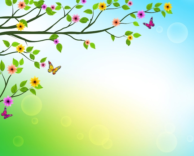 Vettore sfondo di primavera vettoriale di rami di albero con foglie in crescita e fiori colorati.
