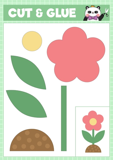 Vector spring cut and glue activity Crafting game with cute cartoon flower Fun simple printable worksheet Find the right piece of the puzzle Garden complete the picturexA