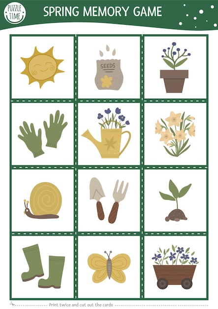 Carte da gioco di memoria giardino primaverile vettoriale con strumenti carini piante per bambini attività di abbinamento fattoria ricorda e trova la carta corretta foglio di lavoro stampabile semplice per bambini con fiorixa