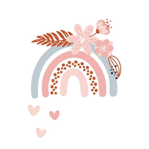 Vector vector spring rainbow with bouquet and rain dots in form of heart. cartoon hand drawn scandinavian style