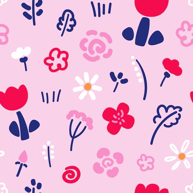 Vector spring seamless pattern with flowers and plants in hand drawn style