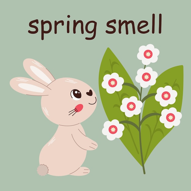 Vector vector spring smell a bunny and a lily of the valley positive phrases for card sticker