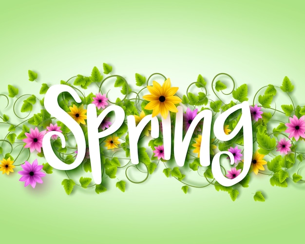 Vector Spring Text Design with Colorful Realistic Elements like Flowers and Vines in the Background.