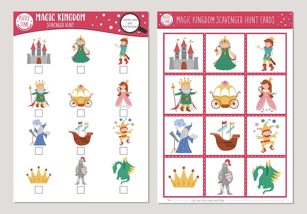 Vector sprookjesachtige speurtocht kaarten set Zoek en vind spel met schattige kasteel koning prinses draak voor kinderen Magisch koninkrijk zoekactiviteit Eenvoudig educatief afdrukbaar werkbladxA