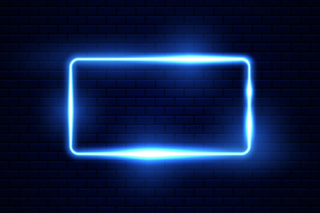 Векторная квадратная рамка синего неонового света на темно-синем перекрытии на фоне кирпичной стены
