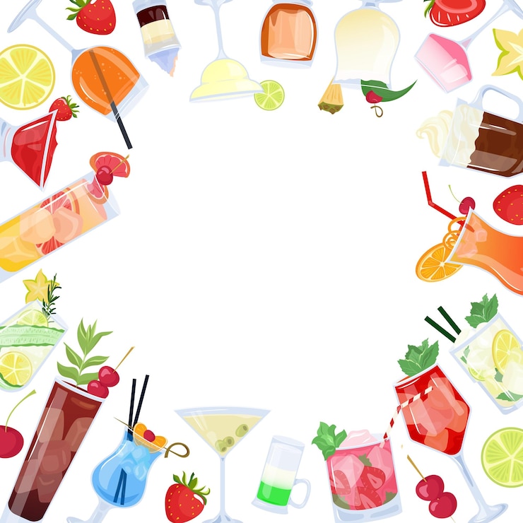 Vector パーティー用のカットフルーツアイスキューブ付きの夏のビーチカクテルのベクトル正方形フレーム アルコール飲料ミックス