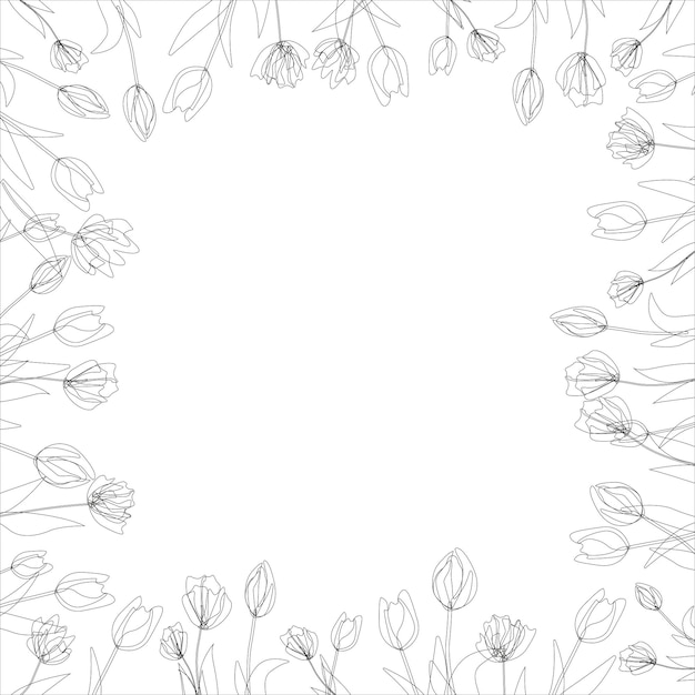 Vector square frame wreath from outline tulips Spring flowers Hand drawn doodle Background