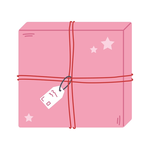 Vector square gift box Present with red rope and label Pink gift for Christmas Birthday or other celebration