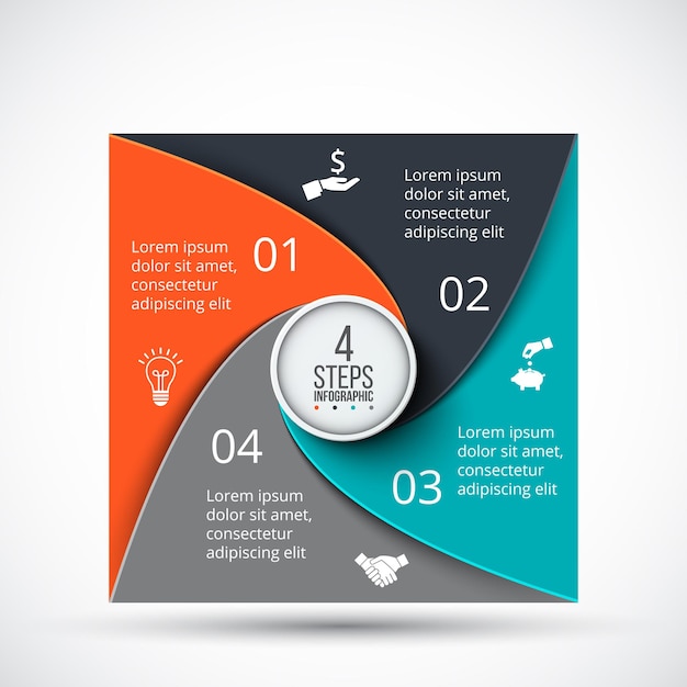 Modello di infografica quadrata vettoriale per diagramma di ciclo con 4 opzioni parti passaggi o processi