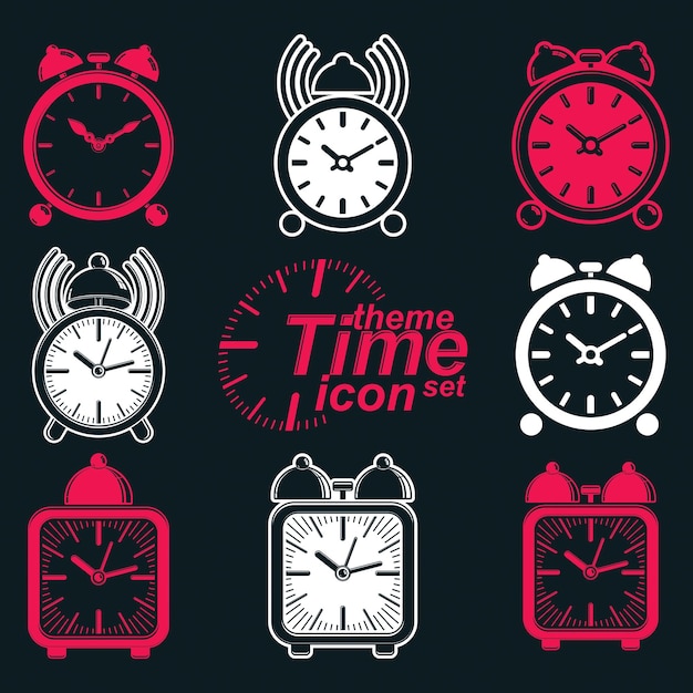 Vector squared 3d alarm clocks with clock bell, decorative wake up conceptual icons collection. Graphic design elements – get up theme. Waiter ringing invert symbols.