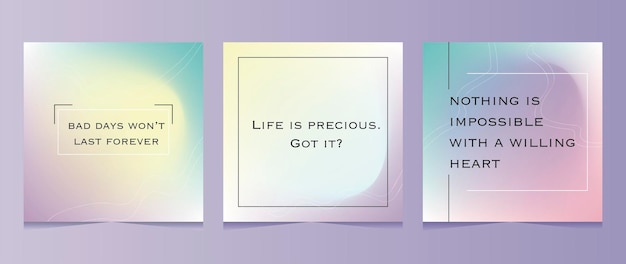 Vector squares gradient backgrounds minimalist style with inscriptions cute posters with shapes