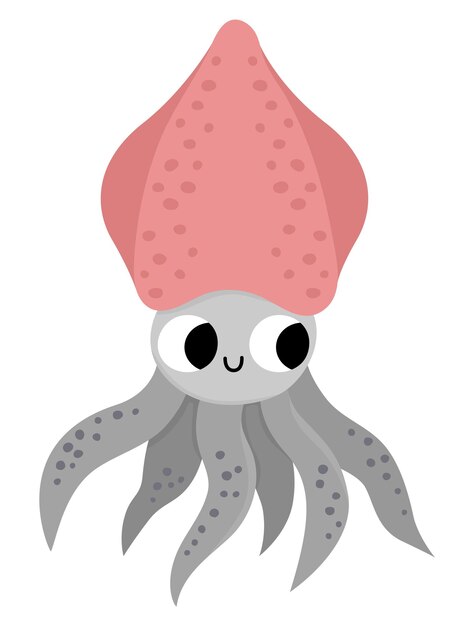 Vector squid icon Under the sea illustration with cute funny calamari fish Ocean animal clipart Cartoon underwater or marine clip art for children isolated on white backgroundxA