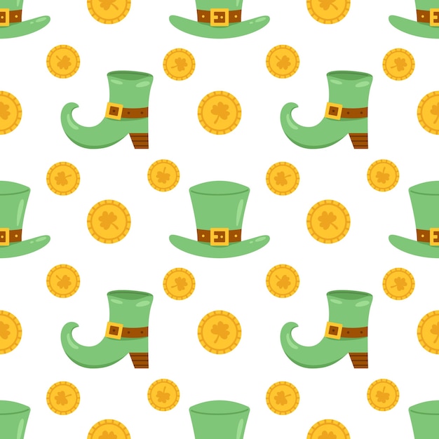 Vector st patricks day seamless pattern coins with clover leprechauns boots and hats on white background print for celebrating st patricks day money and wealth