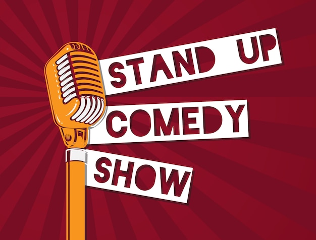 Vector vector stand up comedy microphone illustration on sunburst background. stand up banner with microphone