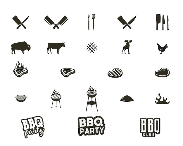 Vector vector steak house and grill silhouette textured icons. black shapes isolated on white background. included grill equipment, tools, elements and typography signs - bbq party concept and other.