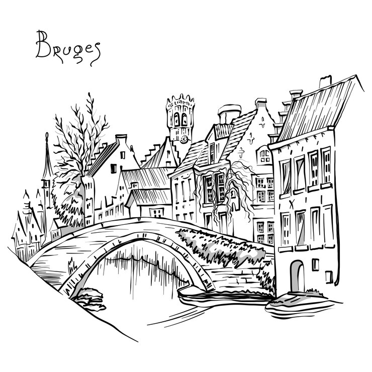 Vector vector stedelijke schets van brugse kanaalsteenhouwers met het belfort en prachtige middeleeuwse huizen belgië