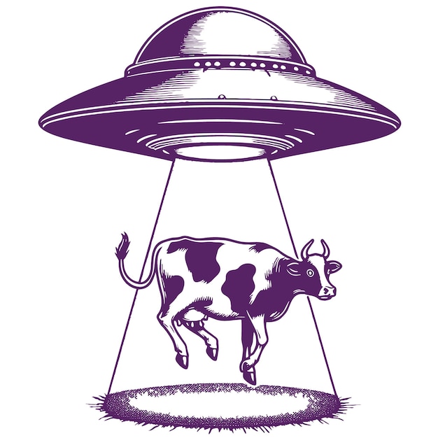 Illustrazione a stencil vettoriale di un ufo che rapisce una mucca terrestre con un raggio dalla nave