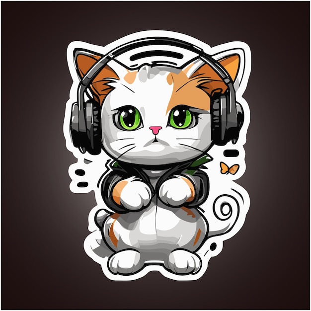 Vector sticker of a cat in the style with headphone