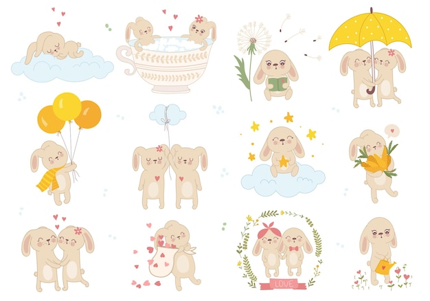 Vector vector sticker collection with cute spring rabbits