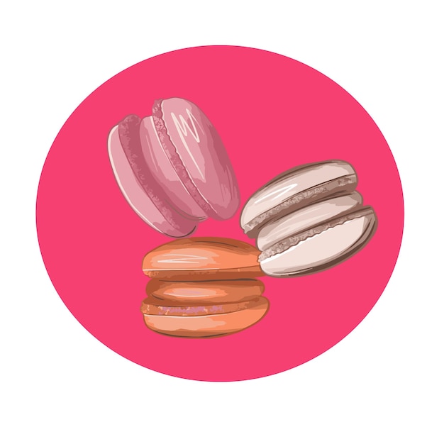 Vector vector sticker met drie macarons in roze en beige tinten op witte achtergrond