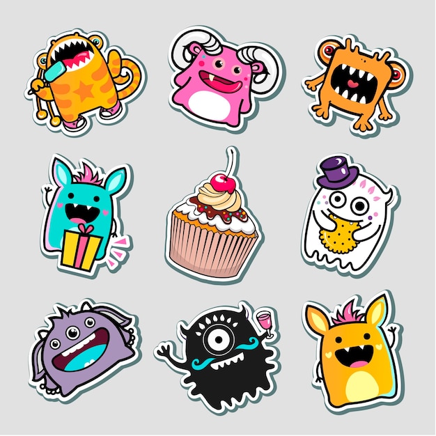 Vector vector stickers monsters and food for kids