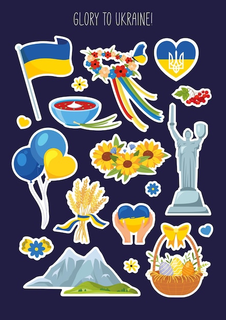 Vector vector stickers set with ukrainian symbols for support ukraine