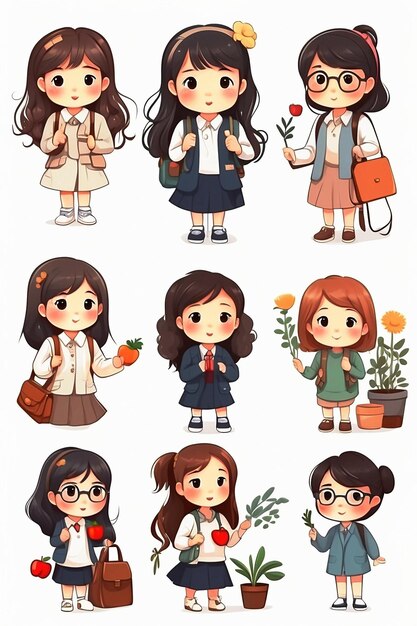 Vector vector stickers with cute little school girl with white border backgrounds