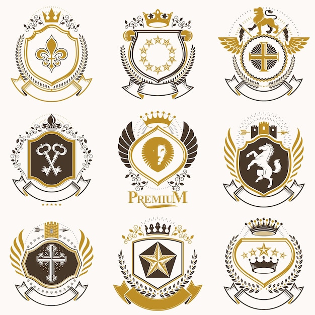 Vector stijlvolle heraldische wapenschild. Collectie blazoenen gestileerd in vintage design en gemaakt met grafische elementen, koninklijke kronen en vlaggen, sterren, torens, arsenaal, religieuze kruisen.