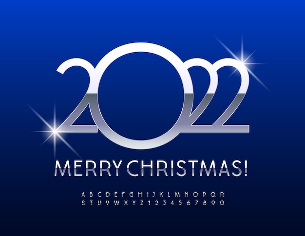 Vector stijlvolle wenskaart Merry Christmas 2022 zilver reflecterend lettertype Metallic luxe alfabet