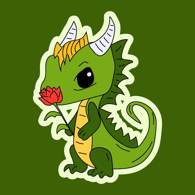 Vector Stock Illustratie geïsoleerde Emoji-teken cartoon groene draak dinosaurus snuift een bloem