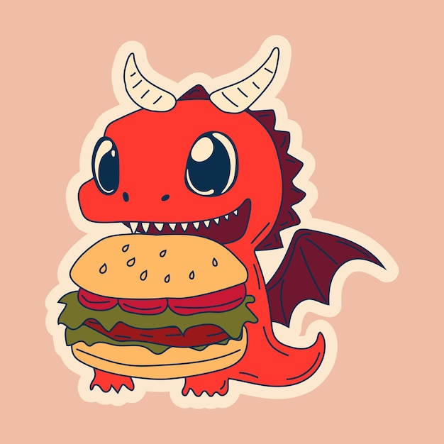Векторная иллюстрация изолированный персонаж Эмоджи мультфильм дракон динозавр ест наклейку на бургер