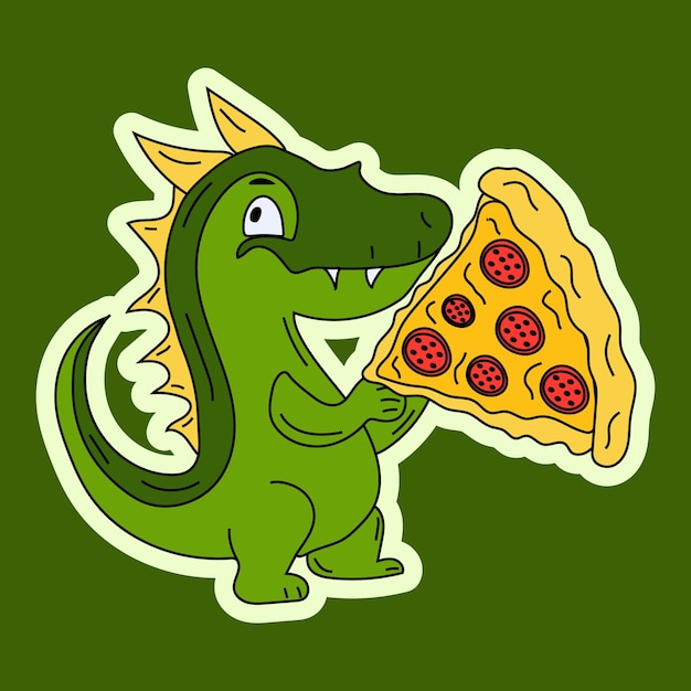 Vector Stock Illustration isolated Emoji character cartoon green dragon dinosaur eats a pizza