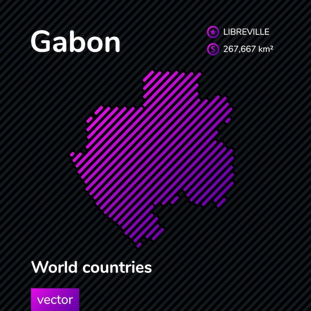 Vector vector striped flat map of gabon in purple colors on the striped black background