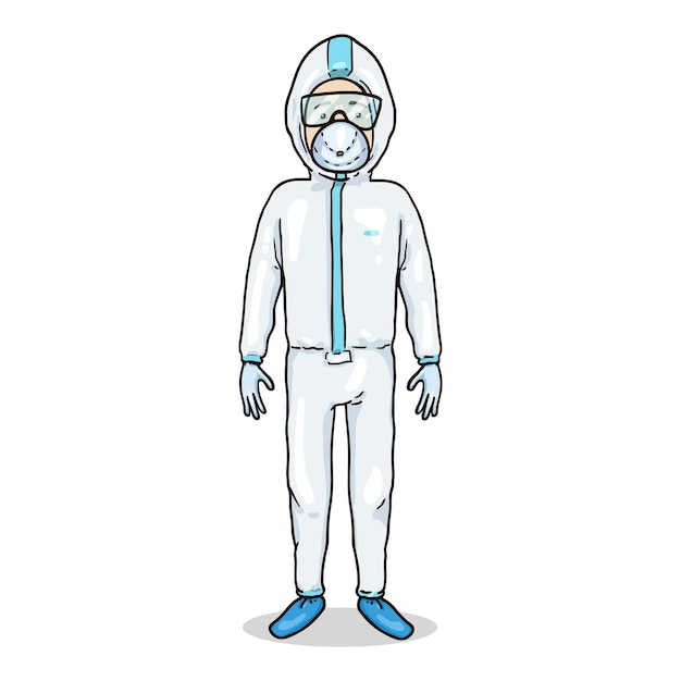 Vector stripfiguur - man in biosecurity uniforme jurk, masker en handschoenen. Pandemische Illustratie