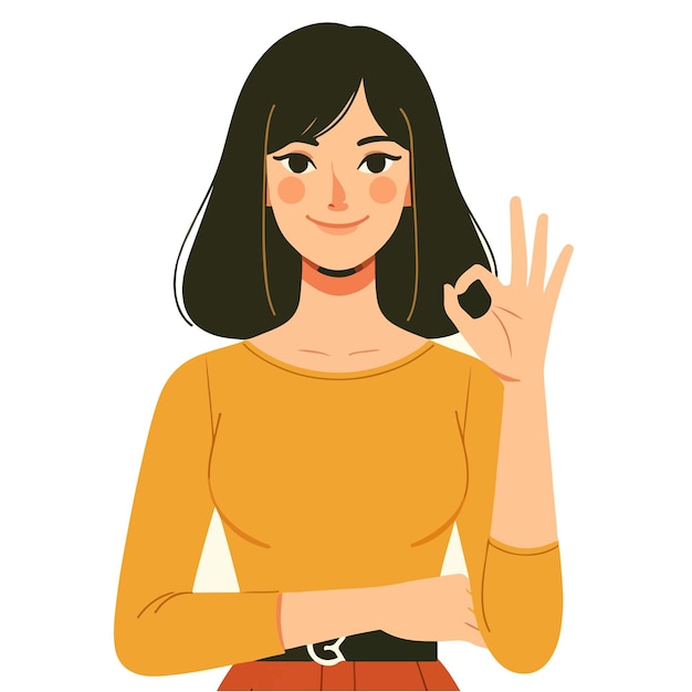 Vector vector style illustration of a woman smiling and making an ok sign with her hand