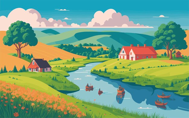 Vector styled background illustration depicting a serene and picturesque countryside with rolling