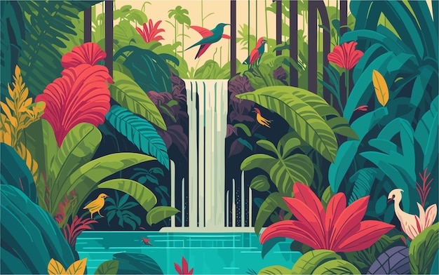 Illustrazione di sfondo in stile vettoriale che mostra un'oasi nascosta all'interno di una giungla tropicale con un