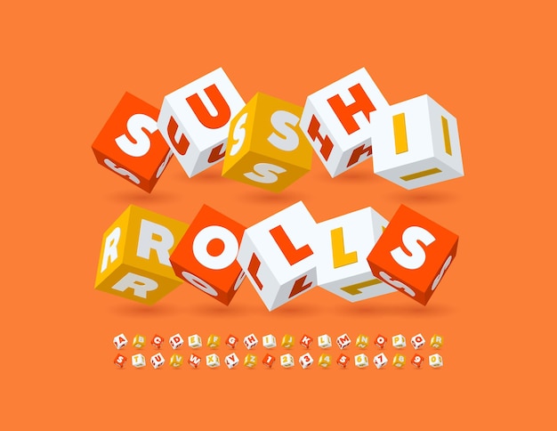 Emblema alla moda di vettore sushi rolls set di caratteri giocosi isometrici di lettere e numeri dell'alfabeto cubico